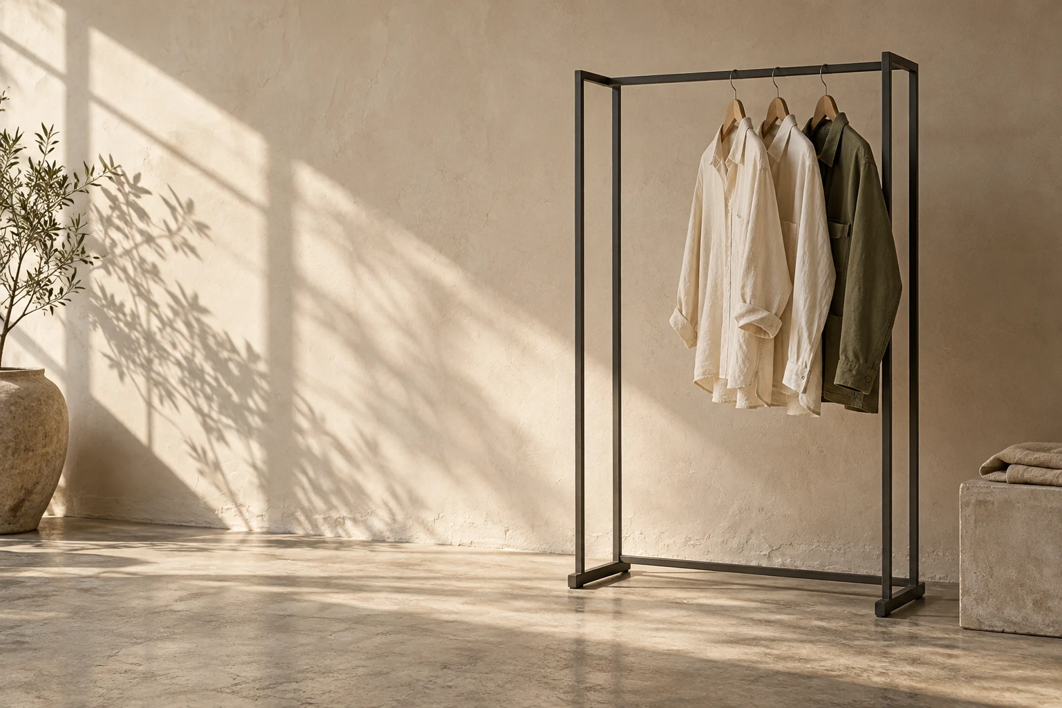 Graphite garment rail with neutral garments in a sunlit room